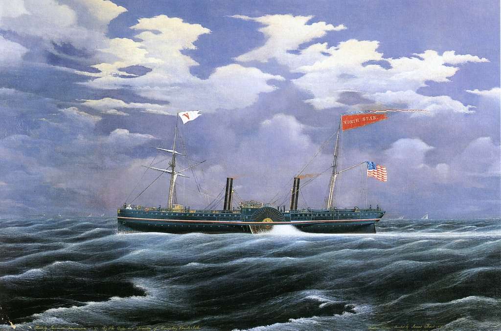 Painting of Cornelius Vanderbilt's paddle-wheel steam yacht North Star at sea under a cloudy sky